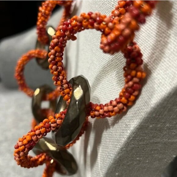 Vintage Orange Bronze Seed Bead Circle Statement Necklace - Picture 3 of 4